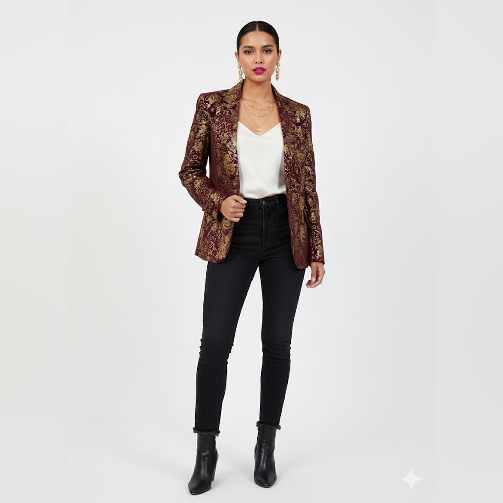 Gold and Burgundy Velvet Paisley Blazer - Picture 2 of 14